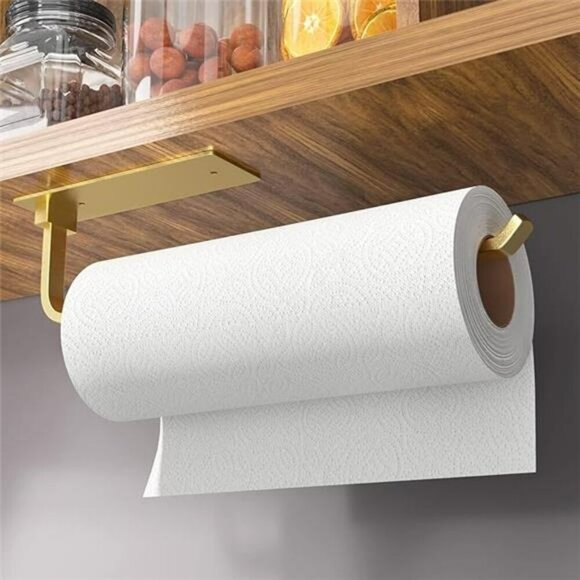 Gold Paper Towel Holder Under Cabinet Adhesive Drill Mount Kitchen Rack - Picture 7 of 7